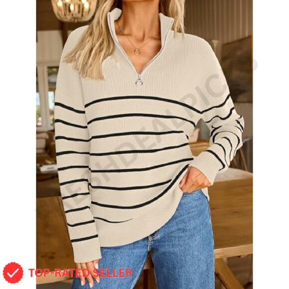 Quarter Zip Oversized Sweater Striped Mock Turtleneck Fall Winter Pullover - Picture 3 of 8